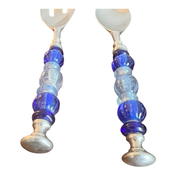 Stainless Steel Salad Fork and Spoon Set With Blue Acrylic Handles 11.5" - Picture 3 of 7